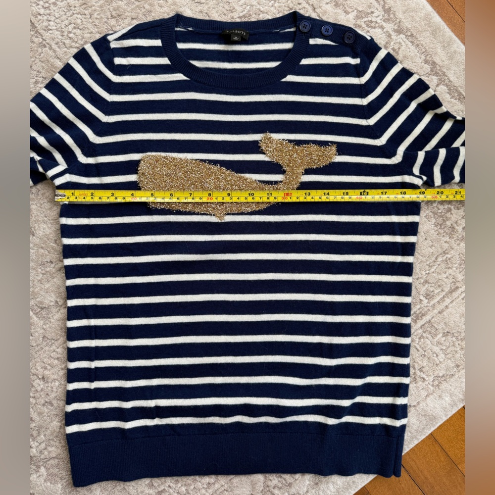 Talbots EUC Striped Metallic Whale Knit Pullover Sweater Navy White Gold M - Picture 6 of 12